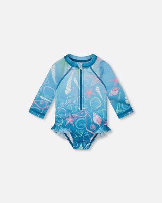 Rashguard à manches longues une-pièce bleu imprimé coquillages pour bébé et fillette