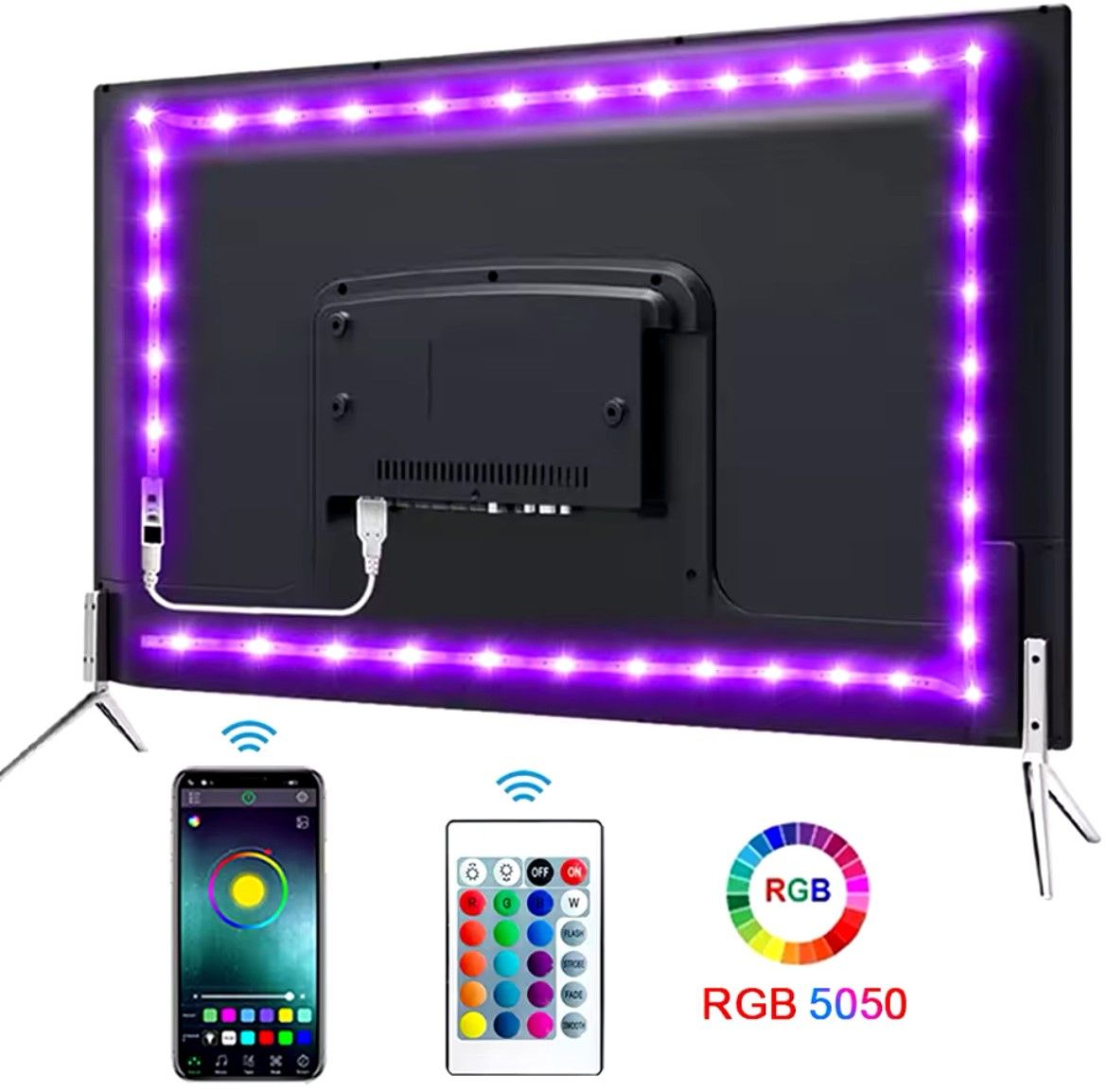 USB-Powered RGB LED Strip Light – 5050 SMD, Flexible, Self-Adhesive, Bluetooth-Controlled Light Strip for TV, Desktop, and Decor