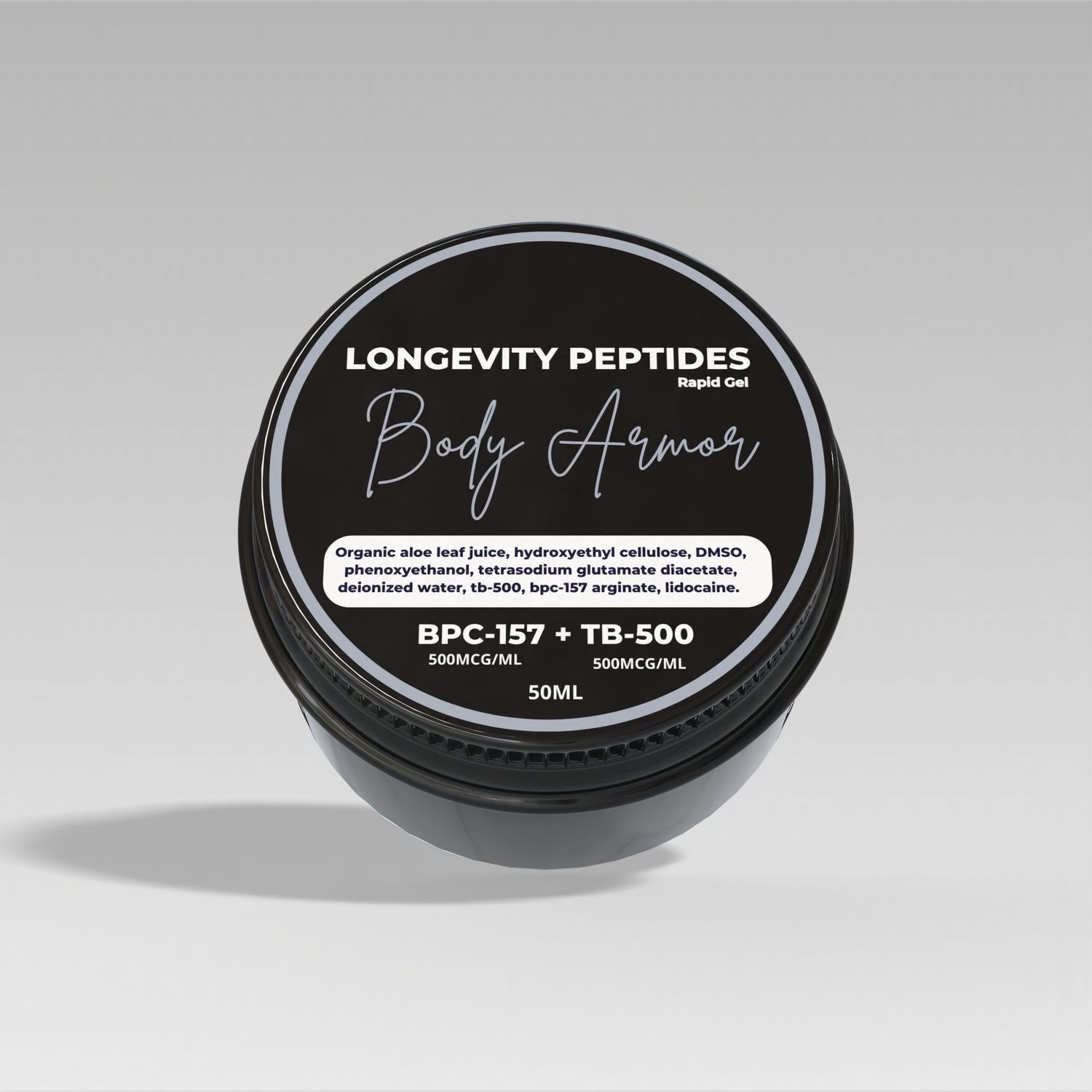 50ml jar of bpc-157 500mcg per ml and 500mcg per ml of tb-500 gel, for research use only. 