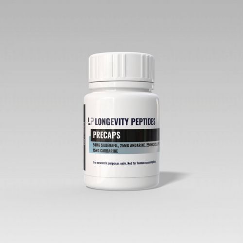 Bottle of PRECAPS, a sarm pill mix by Longevity Peptides, for research use only. 