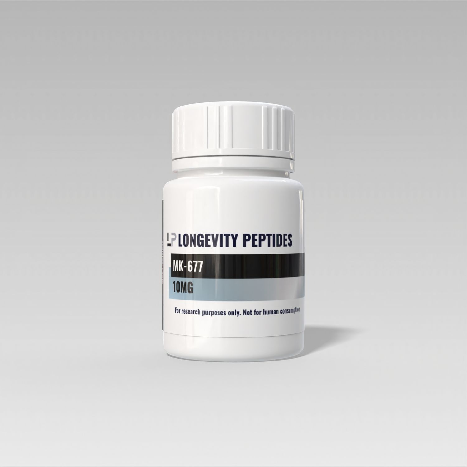 Bottle of mk-677 10mg pills by Longevity Peptides, for research use only. 