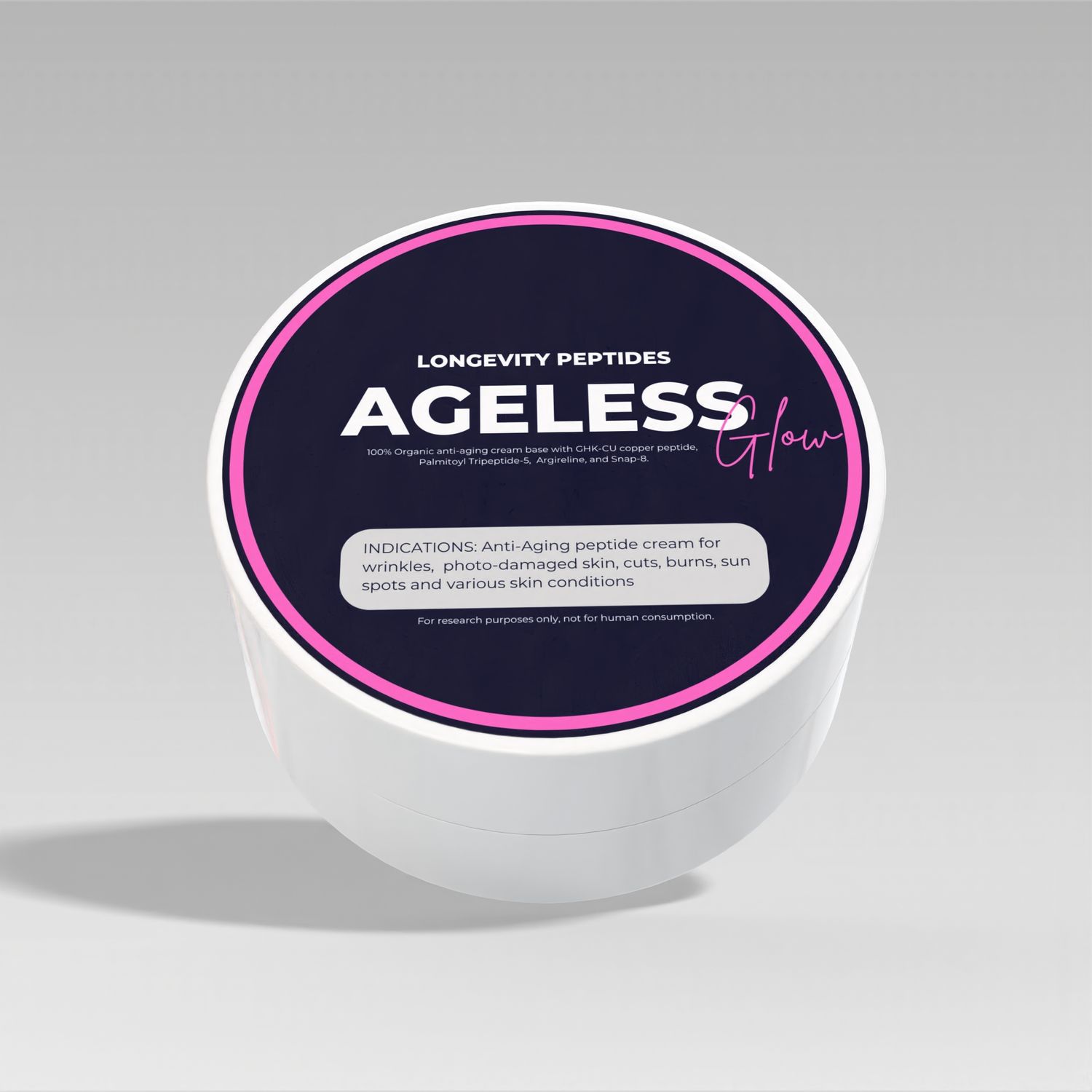 Ageless Glow peptide face cream jar, for research only. 