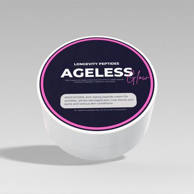 Ageless Glow peptide face cream jar, for research only. 