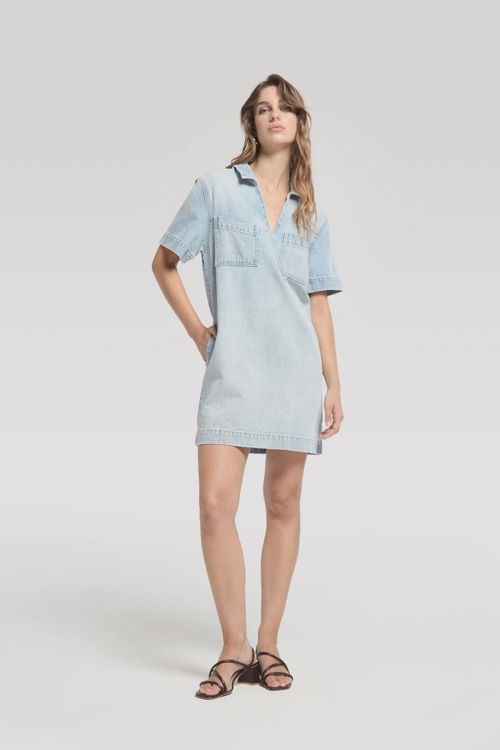 Denim shirt dress with V-neck