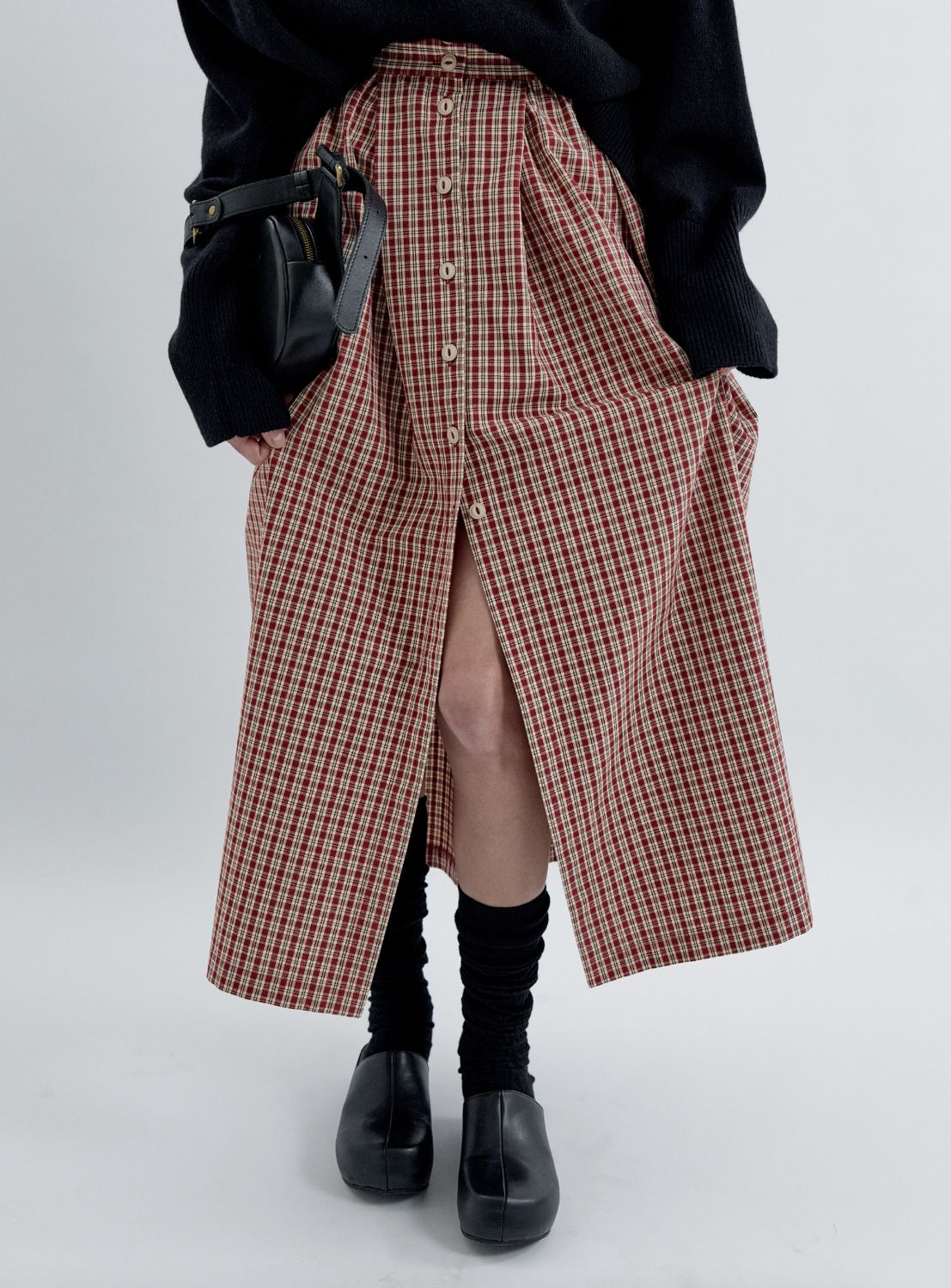 Red Plaid Maxi Skirt with Buttons, Size: S