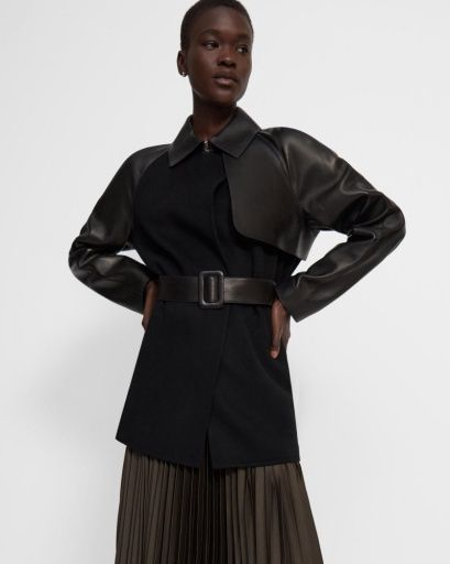 Leather Combined Trench Coat, Size: XS