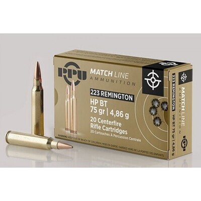 223 HPBT Match 75gr PPU Rifle Ammunition Per 20