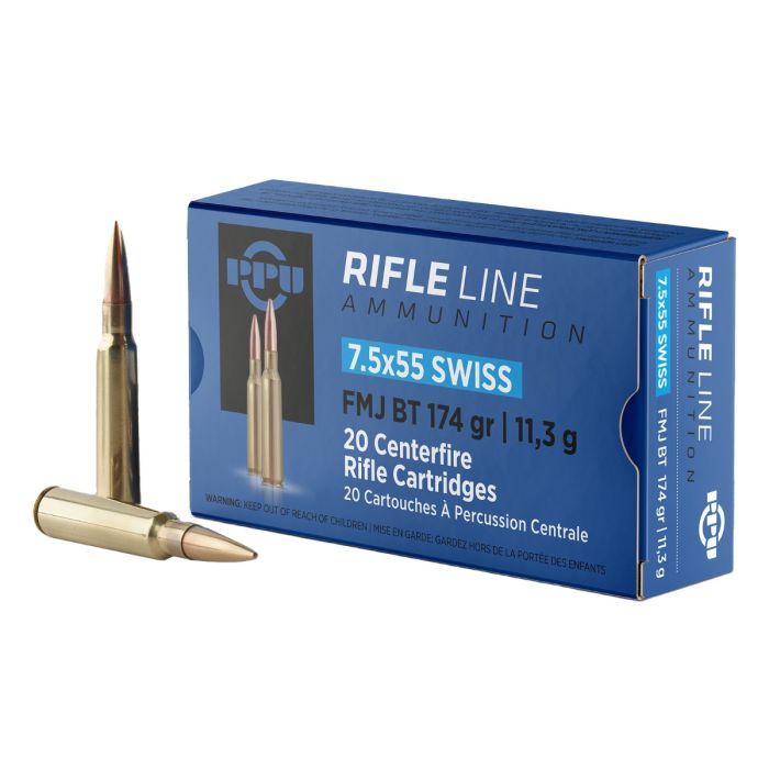 7.5x55 Swiss 174gr FMJ BT PPU Rifle Ammunition Per 20