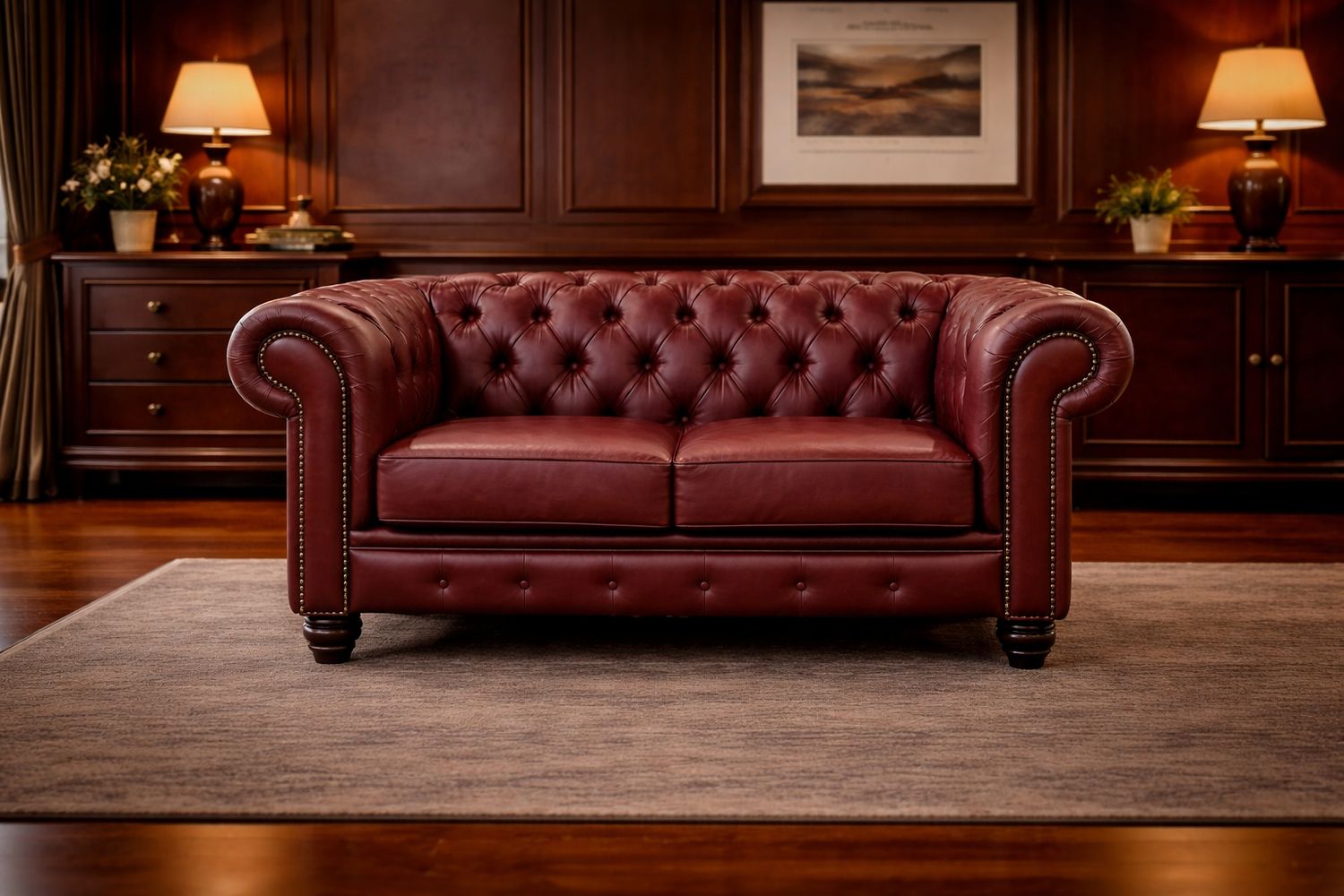 Classic Chesterfield 2 seater Couch in Fullgrain Leather