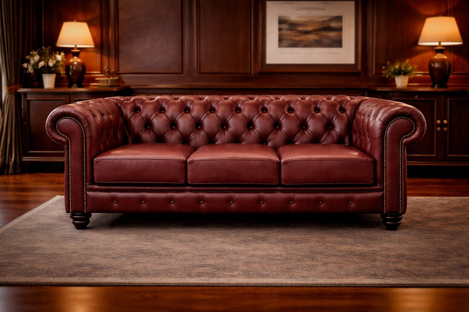 Classic Chesterfield 3 seater Couch in Fullgrain Leather