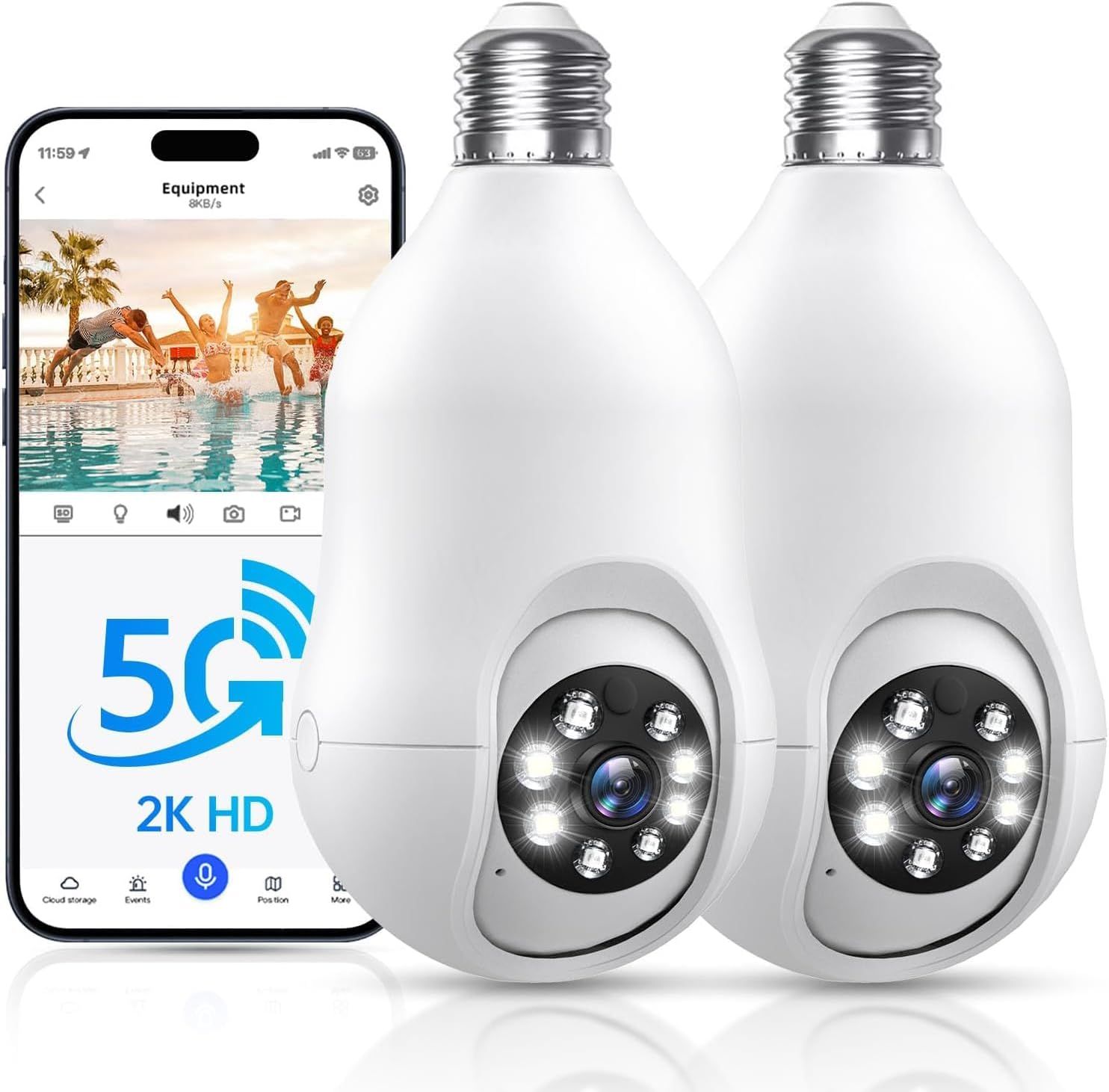 Lot de 2 caméras de sécurité à ampoule, 5G et 2,4 GHz