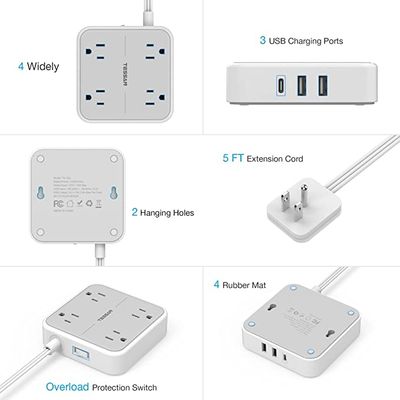 Barre d'alimentation plate avec USB C, rallonge ultra fine pour intérieur