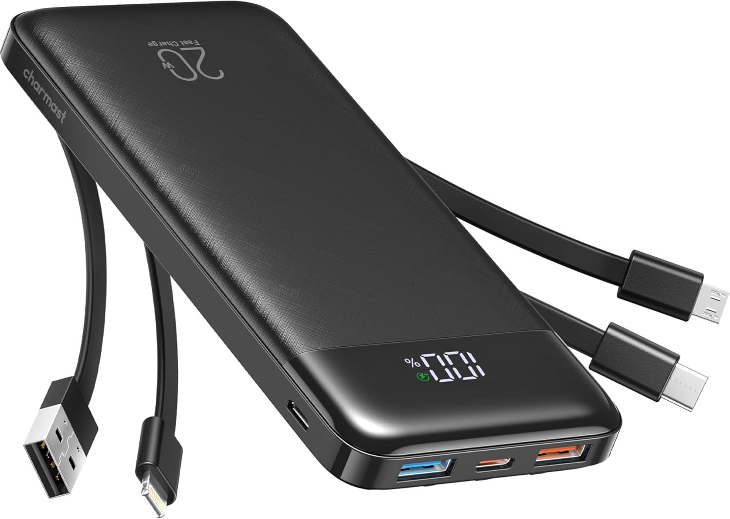Charmast Batterie externe avec câbles intégrés, 20 000 mAh USB C, 5 sorties