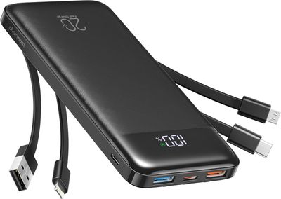 Charmast Batterie externe avec câbles intégrés, 20 000 mAh USB C, 5 sorties