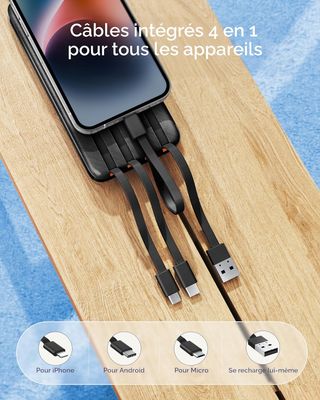 Charmast Batterie externe avec câbles intégrés, 20 000 mAh USB C, 5 sorties