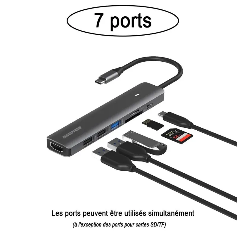 Concentrateur multiport USB-C à 3 X USB/HDMI 4K/PD/SD/Micro SD
