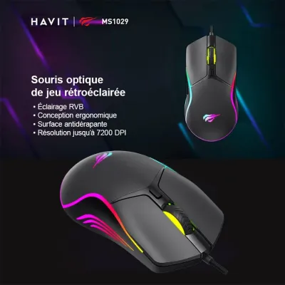 Souris optique de jeu rétroéclairée HAVIT MS1029 avec fil - 6 boutons - RVB - USB