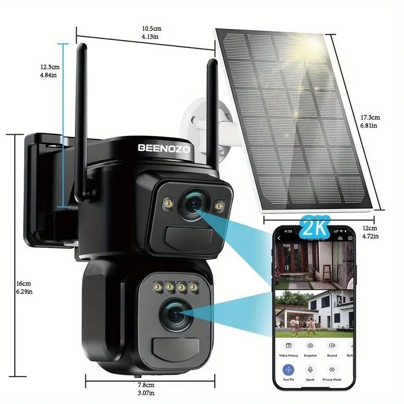 Caméra de Sécurité Solaire BEENOCAM avec Zoom 10x, Projecteur, Détection de Mouvement, Vision Nocturne en Couleur, Audio Bidirectionnel - Comprend des Caméras Bullet et PTZ WiFi 2K FHD, Support Mural,