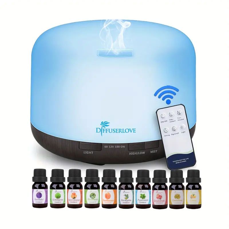 Diffuseur Diffuserlove de 500ml avec Lumière LED 7 Couleurs, Télécommande et 10 Huiles Essentielles pour Maison Bureau Chambre