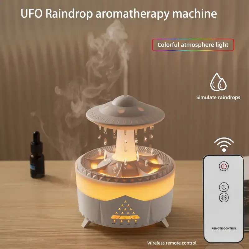 Machine d'aromathérapie en forme de goutte de pluie UFO - Lumière d'ambiance colorée, simule les gouttes de pluie, capacité de 11.83 oz, télécommande, trois options de couleur, diffuseur d'huiles