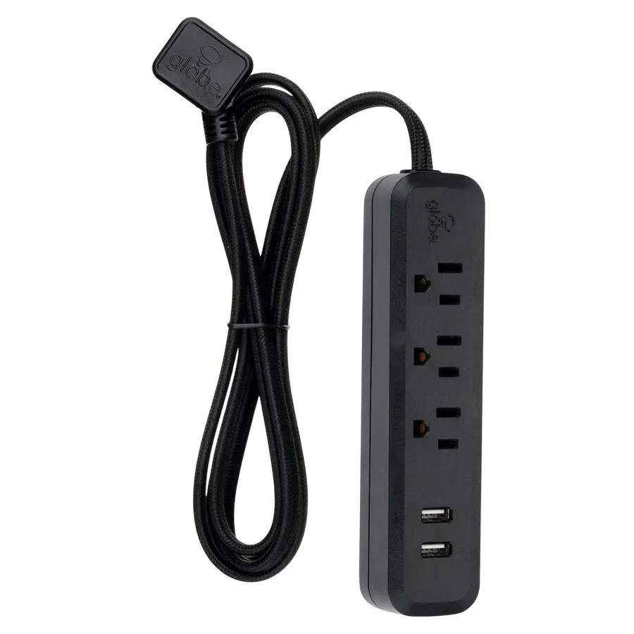 Barre de surtension GLOBE avec 3 prises et 2 prises USB - 900J - 15A - Noir - 1,8 m