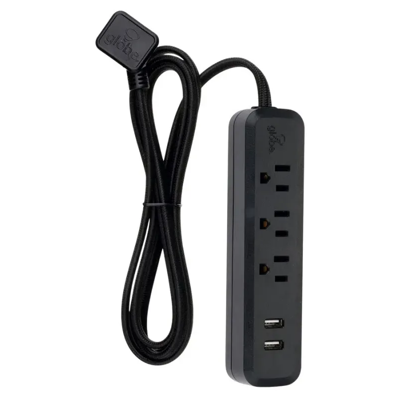 Barre de surtension GLOBE avec 3 prises et 2 prises USB - 900J - 15A - Noir - 1,8 m