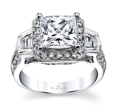 14K White Gold Halo Diamond Engagement Ring Setting 7/8 Cttw.