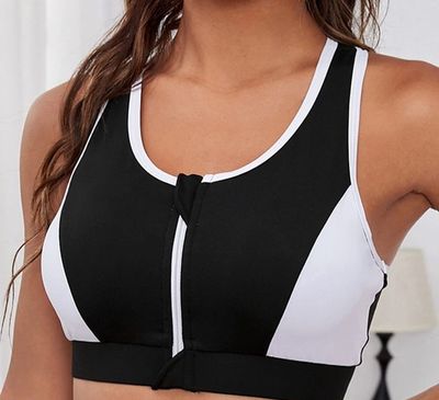 Black and White Front-zipped Sports Bra