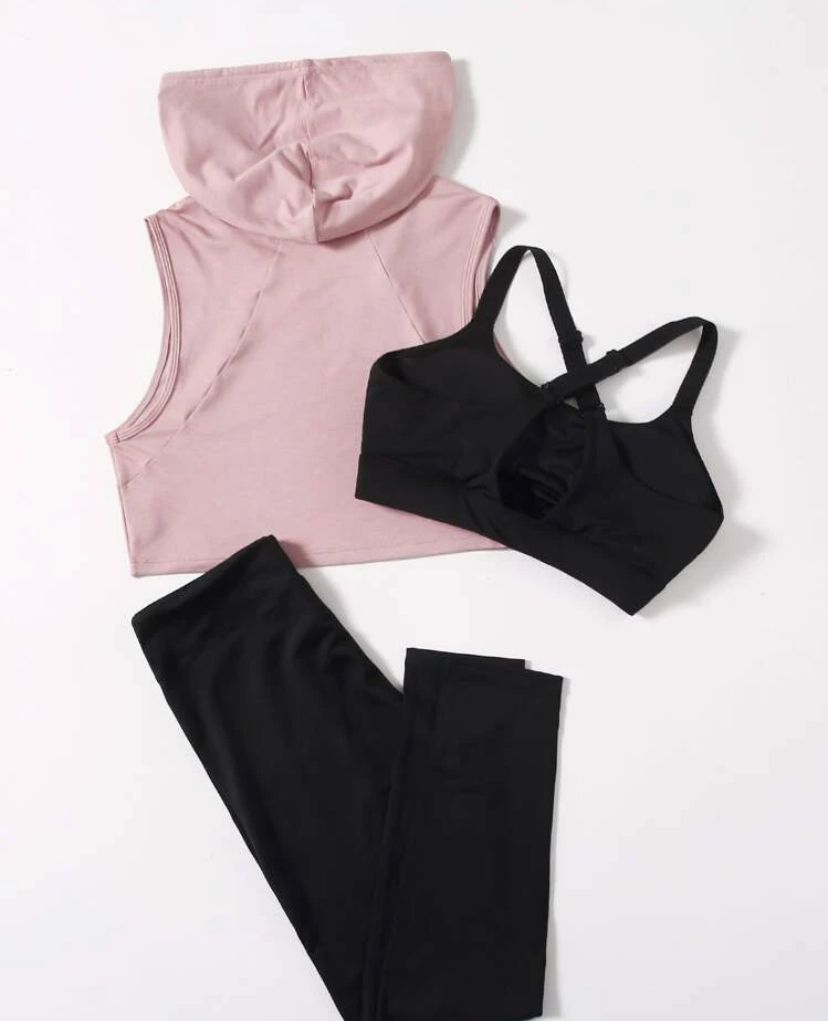 3 Piece Cross Sports Bra, Crop Hoodie and Leggings
