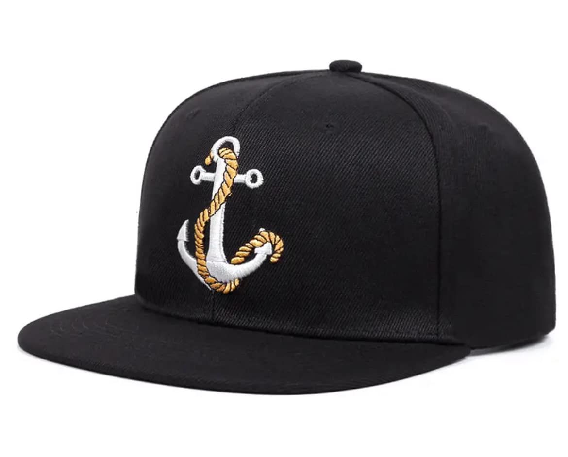 Embroidered Anchor flat beak hat- black