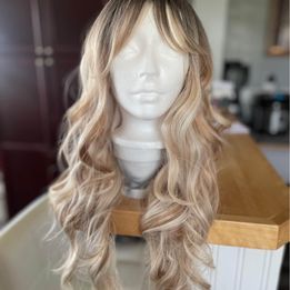 26&quot; blondes, curly, long fringe bang