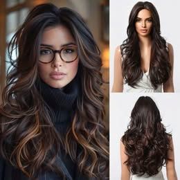 26” dark brown/caramel highlights, heat resistant.
