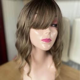 14” Linen brown, wavy with bangs heat resistant synthetic