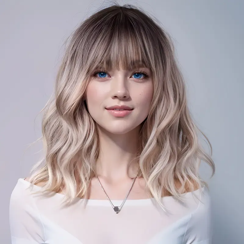 14&#39; Blonde mid length wavy with bangs