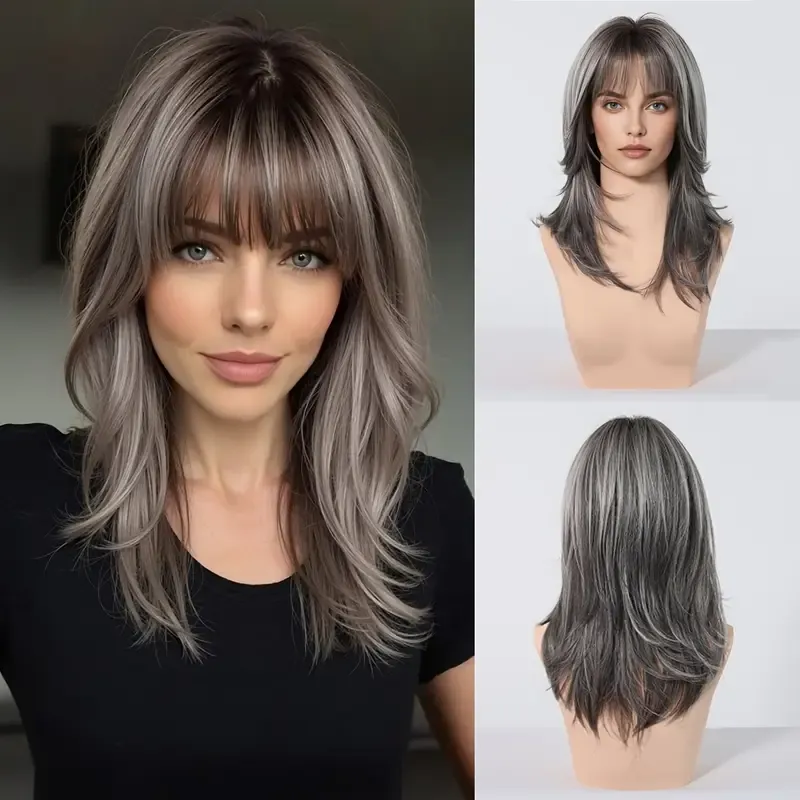 18&quot;  Gray Ombre Layered Wig with Bangs