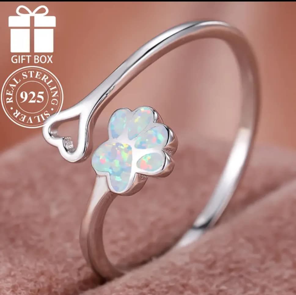 925 Silver adjustable Opal pawprint ring