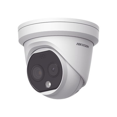 Turret IP Dual / Térmica 1.8 mm (160 x 120) / Óptico 2 mm (4 Megapixel) / Detección de Personas 53 mts / 15 mts IR / Exterior IP67 / PoE / Termométrica / Detección de Temperatura / Sirena y Luz / Mic