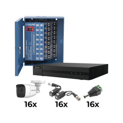 KIT TurboHD 1080p / DVR 16 Canales / 16 Cámaras Bala Policarbonato con Microfono (exterior 2.8 mm) / Transceptores / Conectores / Fuente de Poder Profesional