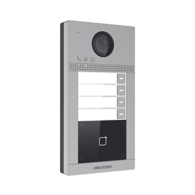 Videoportero IP 2 Megapixel / Llamada y Apertura Remota desde App Hik-Connect / PoE / Exterior IP65 + Antivandalico IK08 / 4 Departamento / Apertura con Tarjeta / Soporta 2 Puertas y hasta 6 Monitore