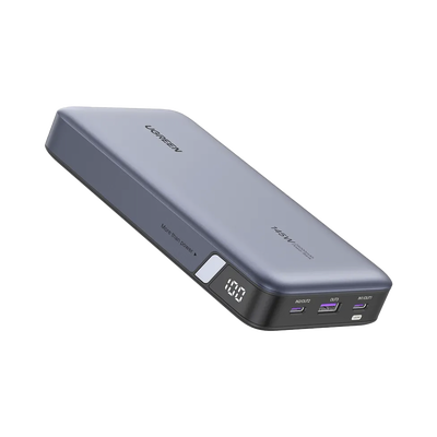 Power Bank de 25000mAh | 3 Salidas 145W Max. | USB-A + 2 USB-C | PD 3.0, QC3.0 | FCP | SCP | Pantalla Inteligente | Carcasa Ignifuga | Color Gris | Incluye Cable USB de 50cm | Carga tu Laptop de Mane