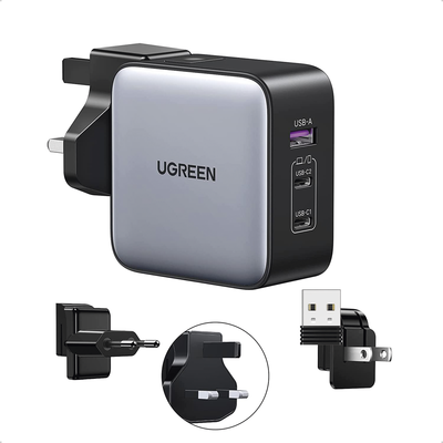 Cargador Universal de Viaje 65W | Contiene 3 Enchufes Internacionales (EU/UK/US) | Serie Nexode | 3 Puertos de Carga Rápida | 2 USB-C | 1 USB-A | Tecnología GaN II | PD 3.0 | QC 4.0 | Carga Inteligen