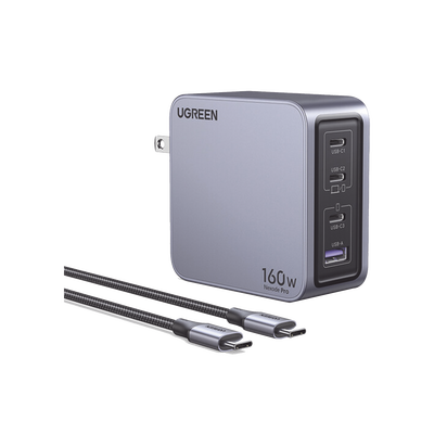 Cargador de 160W serie Nexode Pro | 4 Puertos de Carga Rápida | 3 USB-C | 1 USB-A | Tecnología GaNInfinity | PD3.1 de 140W / QC4.0 | Tecnología de Protección Térmica | Optimiza la Carga | Caja de Alu