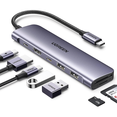 HUB USB-C (Docking Revodok) 7 en 1 | 2 USB-A 3.0 | 1 USB-C 3.0 (5Gbps) | 1 USB-C PD Carga 100W | HDMI 4K | Lector Tarjetas SD + Micro SD (TF) Uso Simultáneo | Chip de Última Generación | Cable de Nyl