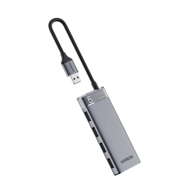 HUB USB-A 3.2 Gen1 4 EN 1 | 4 Puertos USB-A (5Gbps) | Carcasa ABS + PC | Soporta OTG | Luz Indicadora LED | Cable de Nylon Trenzado de 20cm (Mas de 20000 flexiones) | Interfaz Niquelada | Color Gris 