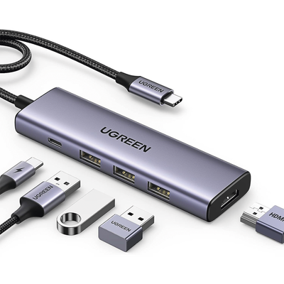 HUB USB-C (Docking Station) 5 en 1 | HDMI 2.0 4K@30Hz | 3 USB-A 3.0 (5Gbps) | USB-C PD Carga 100W | Potente Disipación de Calor | Chip de Ultima Generación | Cable de Nylon Trenzado de 25 cm | Carcas