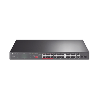 Switch No Administrable 24 Puertos PoE+ 10/100 Mbps / 2 Puertos 10/100/1000 Mbps + 2 Puertos SFP (combo) / Modo Prioridad de Tráfico / Modo Aislamiento de Red / Presupuesto PoE de 250 W / Diseño para