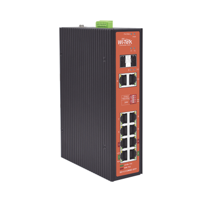 Switch PoE Industrial No administrable / Puertos 1-2 PoE 802.3 af/at y PoE 24 Vcc Pasivo 30W / Puertos 2-4 PoE 802.3 af/at/bt Hasta 60W / Puertos 5-8 PoE 802.3 af/at Hasta 30W / Los 8 puertos son Gig