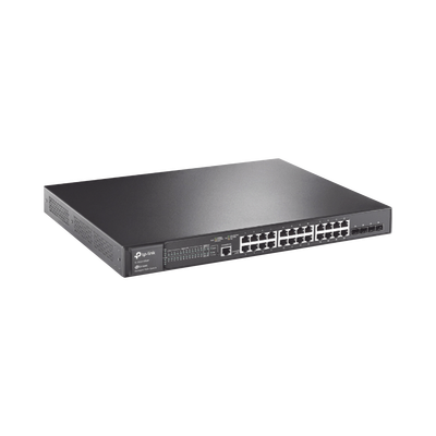Switch L2+ Omada PoE+ / 24 Puertos PoE+ 10/100/1000 Mbps / 4 Puertos SFP 1G / 2 Puertos Consola (RJ45 y microUSB) / Administración Centralizada Omada o Stand-Alone / Multicast IGMP / Calidad de Servi