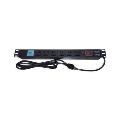 Tomacorriente Horizontal (PDU) de 6 contactos (NEMA 5-15R) + 2 USB para instalación en Rack de 19&quot;, 1UR, 125 Vca/ 15 A (THE0040091001001)