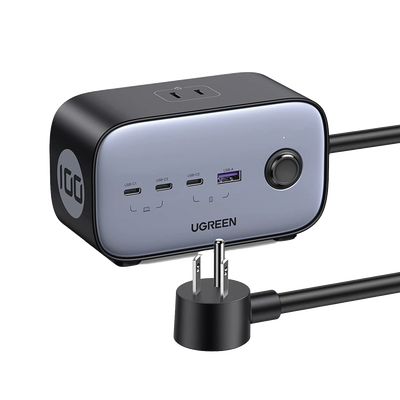Cargador de Escritorio y Tomacorriente Múltiple | 3 Puertos USB-C | 1 Puertos USB-A | 3 Tomacorriente de CA | Tecnología GaN II | 1 USB 100W PD | Carga Rápida | Diseño Innovador en Forma de Cubo | In